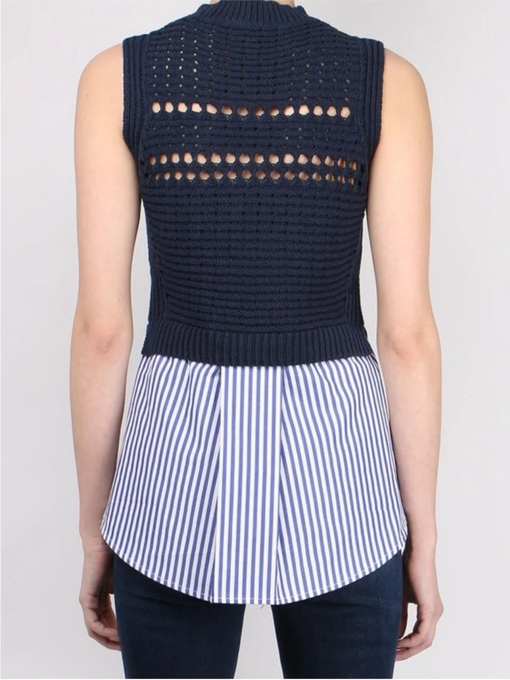 Veronica Beard Navy Par Sleeve Combo Sleeveless Sweater Top